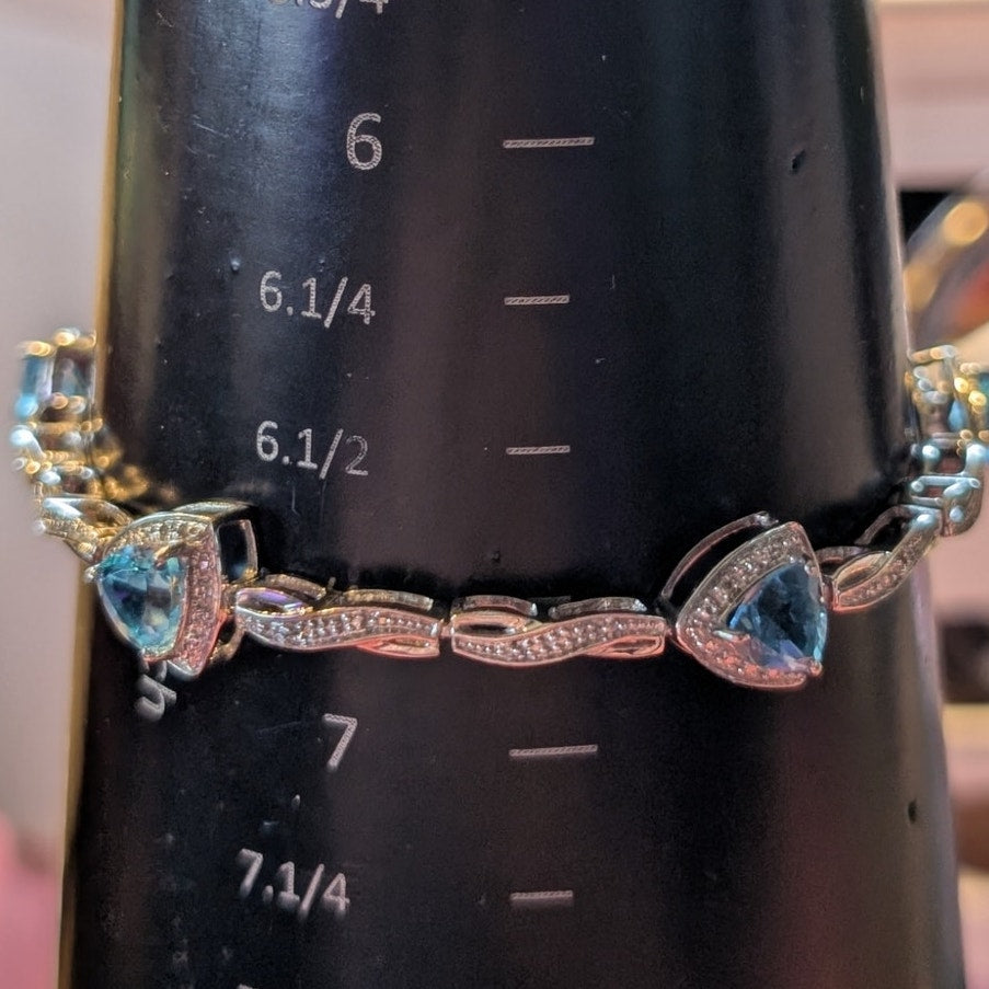 Trillion Cut Blue Topaz & Diamond Marked 925 Sterling Silver Bracelet