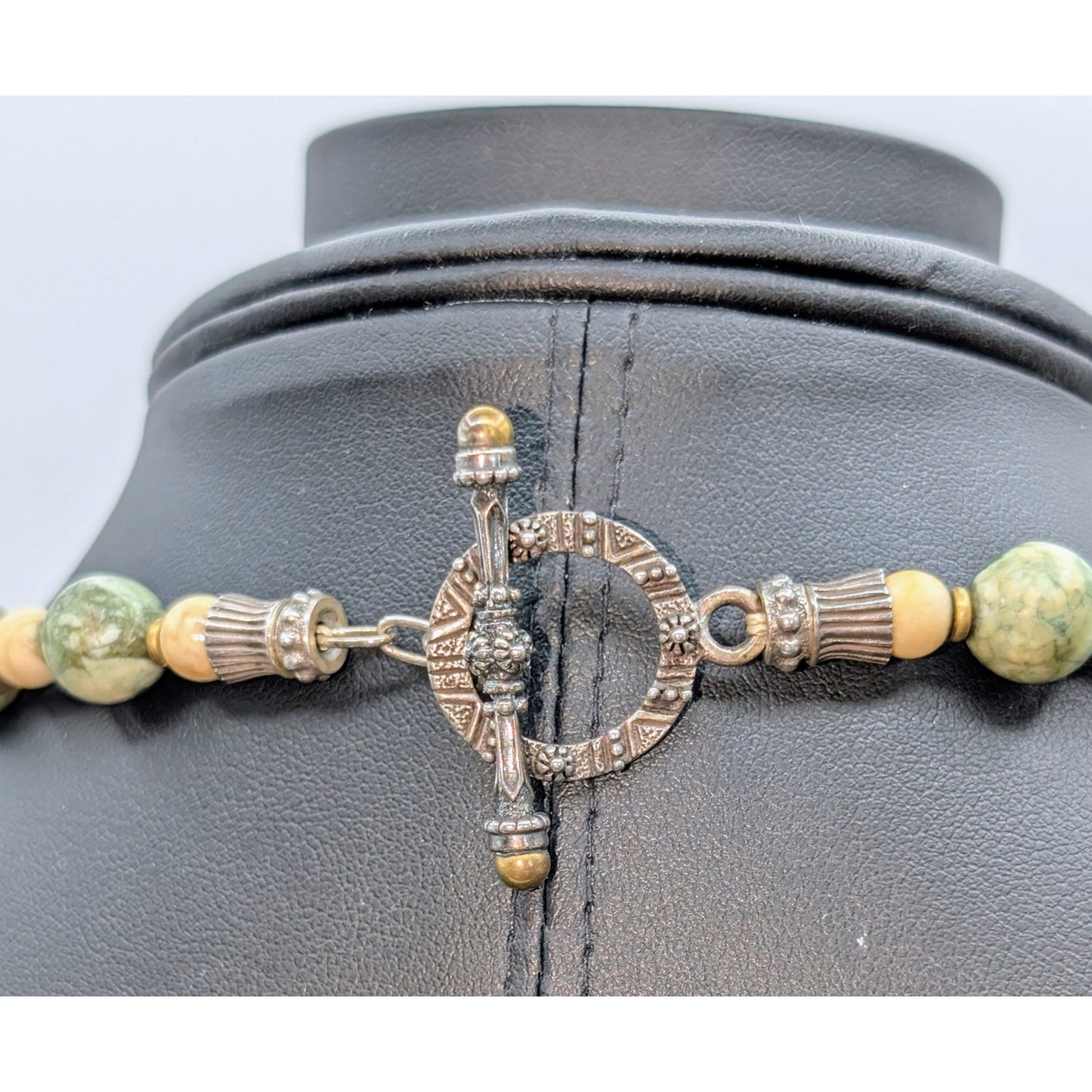 Vtg Natural Stone Beaded 925 Sterling Silver Toggle Clasp 18" Necklace