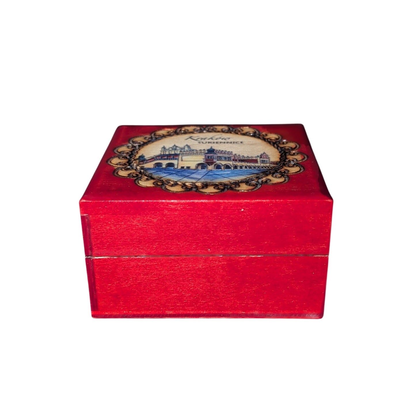 Vintage 1988 Krakow Hand Made in Poland Red Painted Hinged Wooden Trinket Box