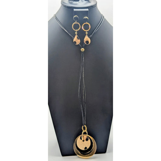Chico's Black Adjustable Corded Gold Tone Animal Fur Pendant Necklace & Earrings