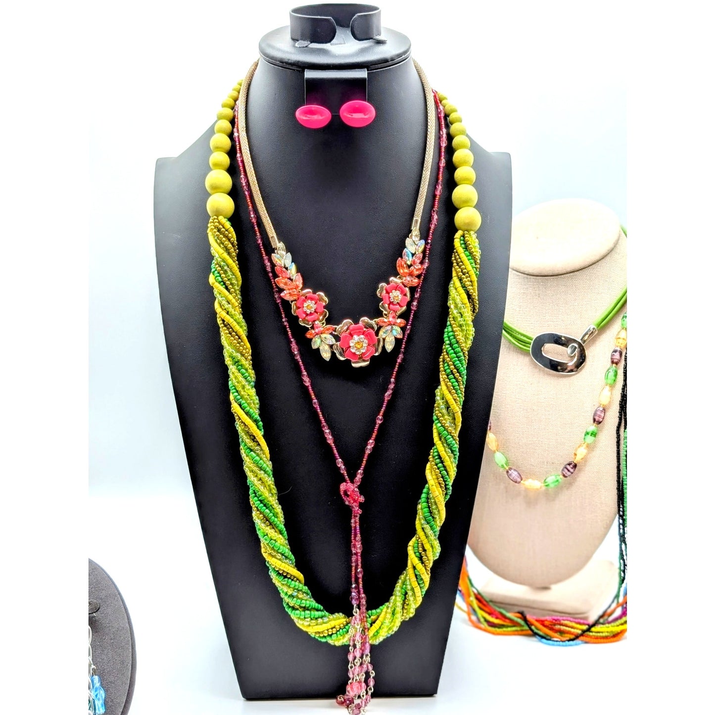 Mixed Lot of 13 Colorful Jewelry Pieces -- 6 Necklaces 2 Pr Earrings 5 Bracelets