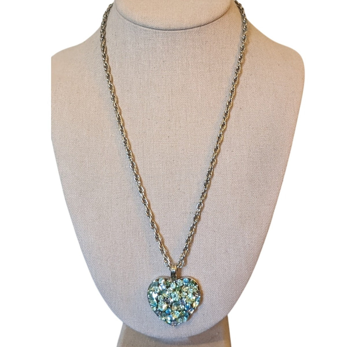 Vintage Blue Green Clear Multi-Shape Crystal Heart Pendant 21" Necklace