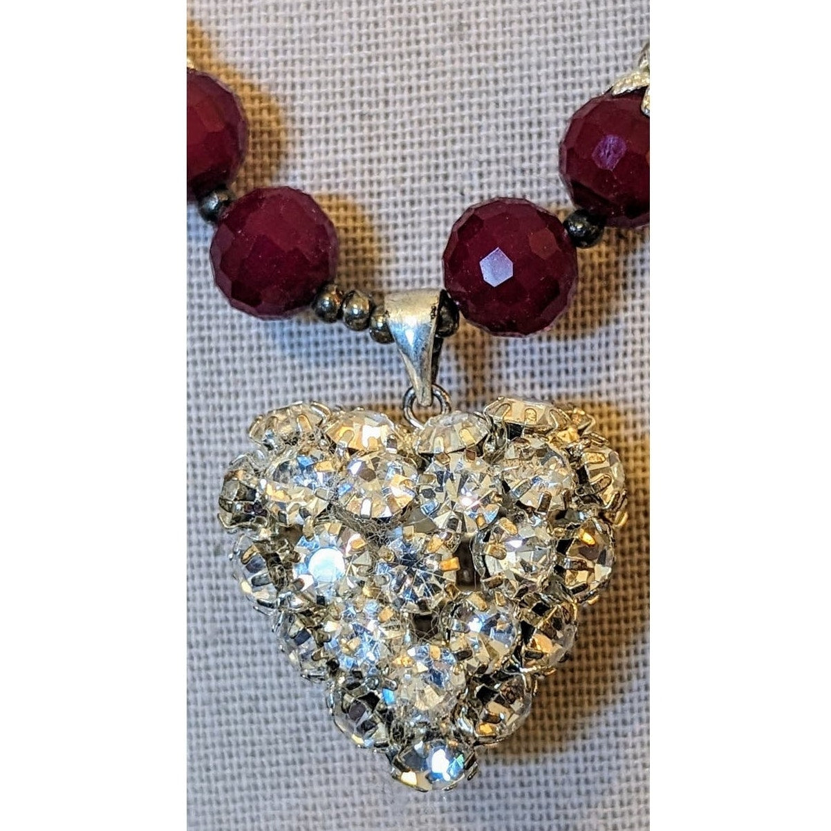 Deep Cranberry Red Cut Faceted Glass Bead and Rhinestone Heart Pendant Necklace