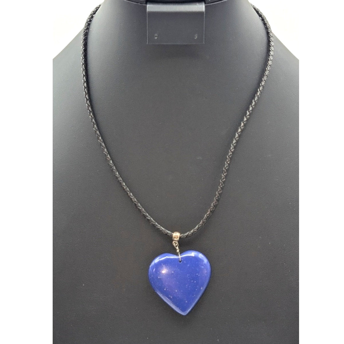 Large Blue Stone Heart Black Braided Cord Silver Tone 18"-20" Necklace