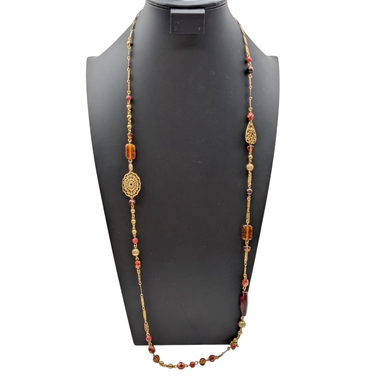 Avon Gold Tone Filigree Metallic Glass Warm Tone Beaded Station Chain Necklace