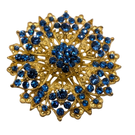 Gold Tone Blue Rhinestone Filigree Large Brooch