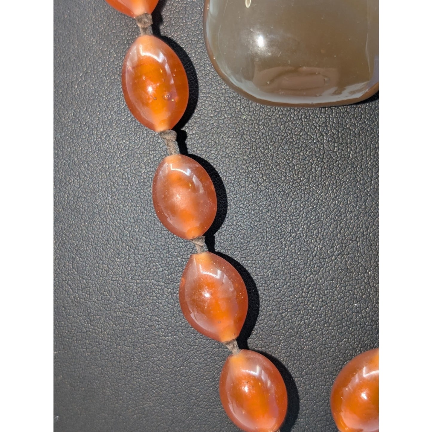 Two Boho Beaded Leather Cord Brown Tone Stone & Glass Bead Necklaces