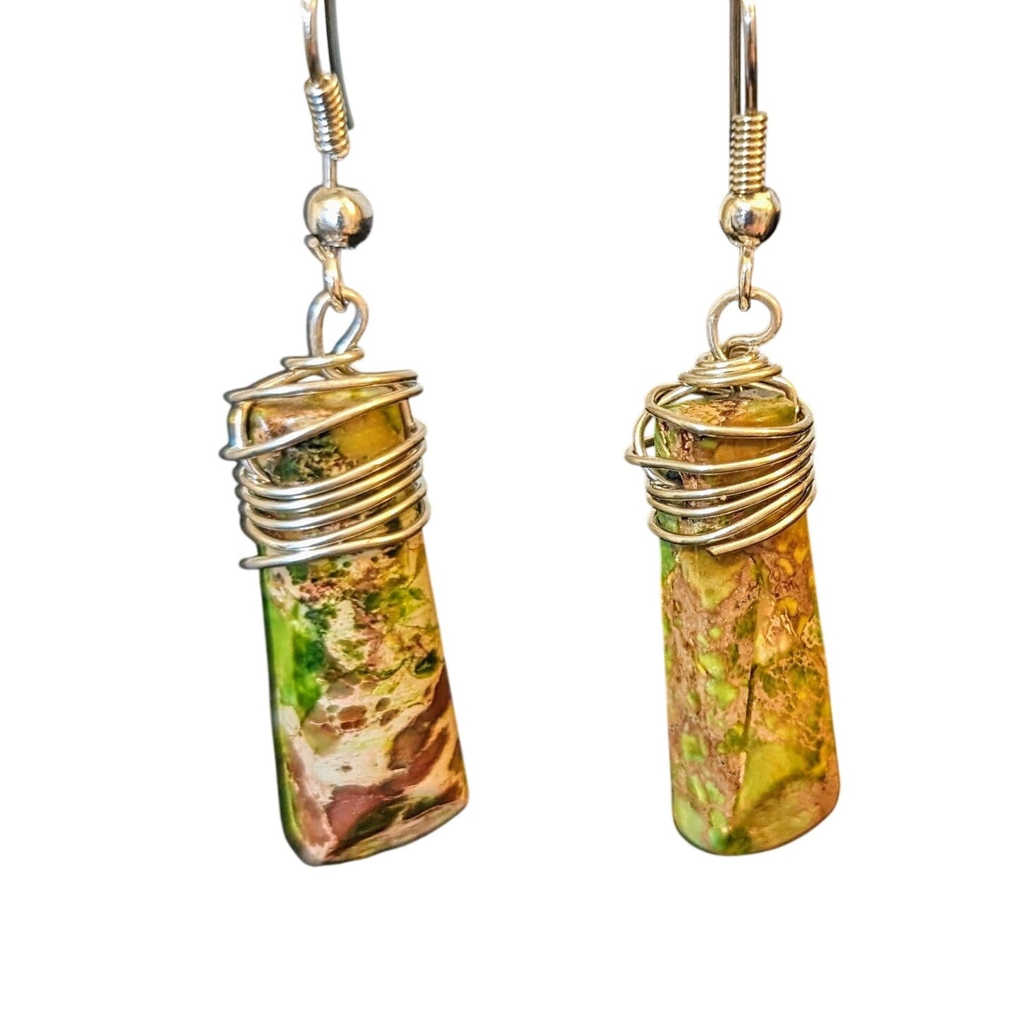 Hand Crafted Green/Brown Wire Wrapped Jasper Stone French Wire Earrings
