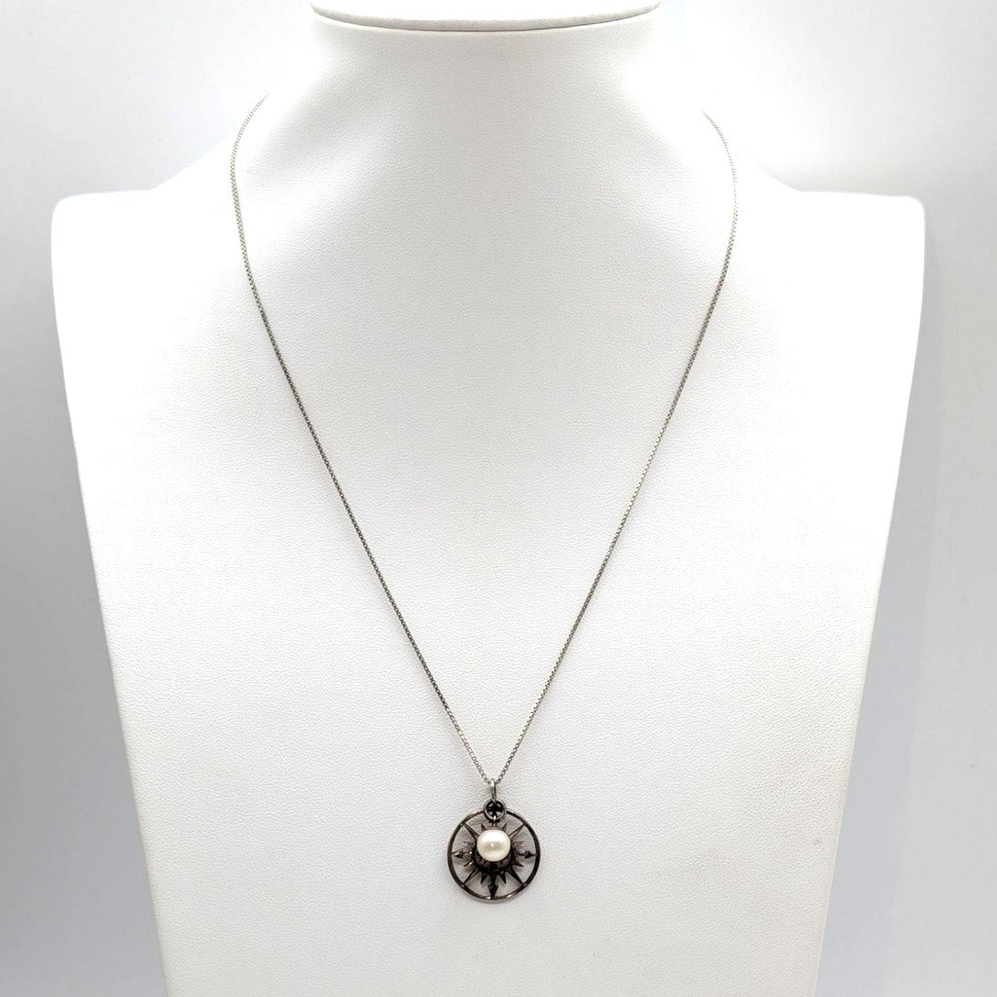 Vintage 925 Sterling Silver Compass Rose & Pearl Charms Box Chain 18.5" Necklace