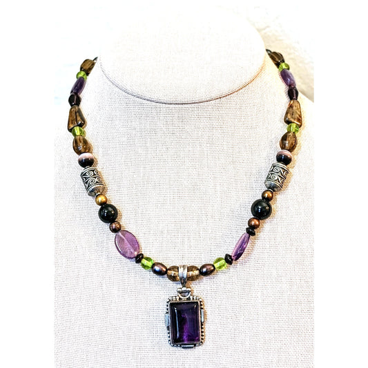 Amethyst Pearl Art Glass Cat's Eye 925 Bali Bead Necklace W/ Amethyst Pendant
