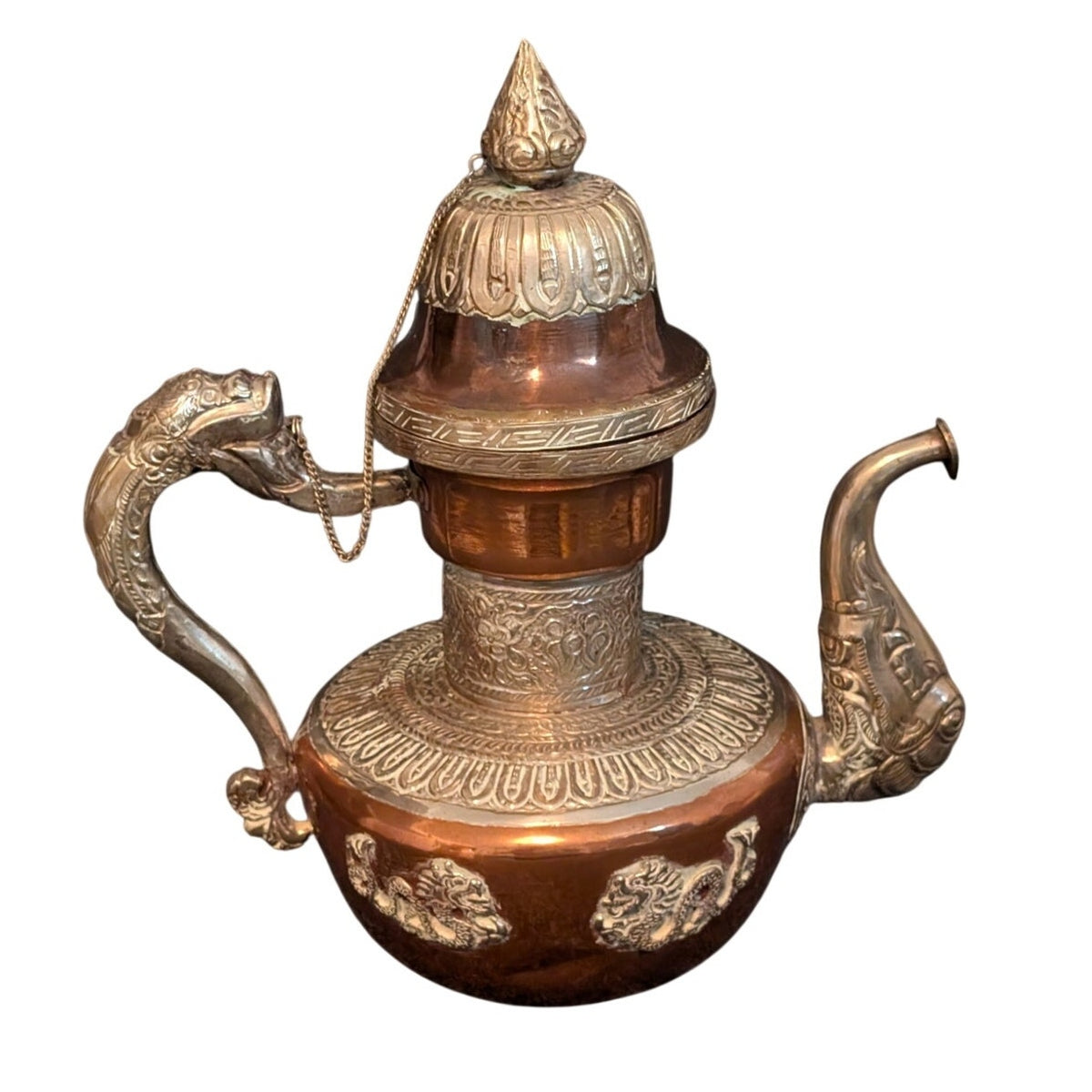 Antique 1900s Tibetan Dragon Tea Pot Ewer Copper With Silver Repose Decoration