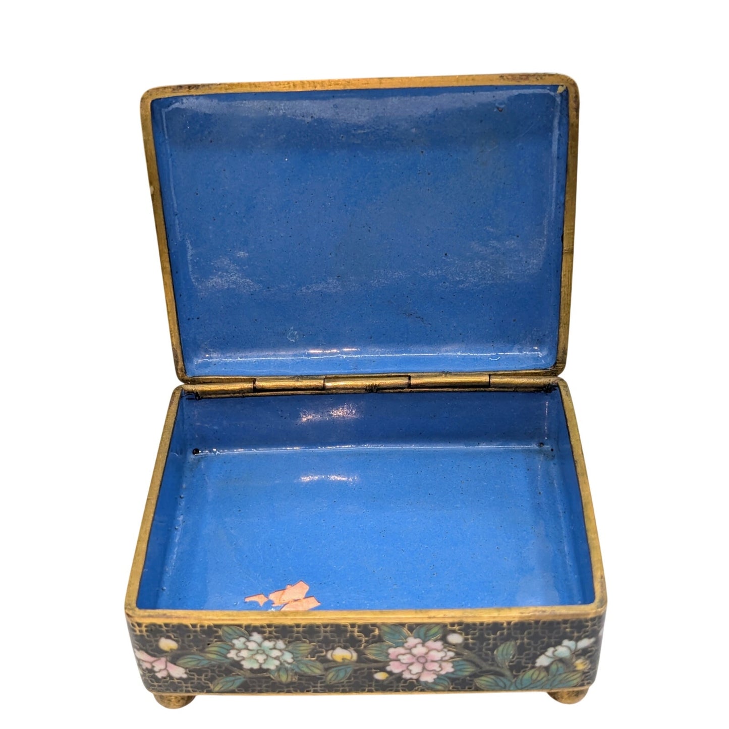 Antique Small Chinese Black Cloisonne Brass Footed circa 1900 Hinged Trinket Box