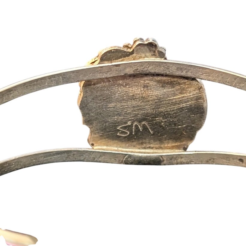 Vintage Signed SM Native Turquoise Rose Leaf Split Band Sterling Cuff Bracelet