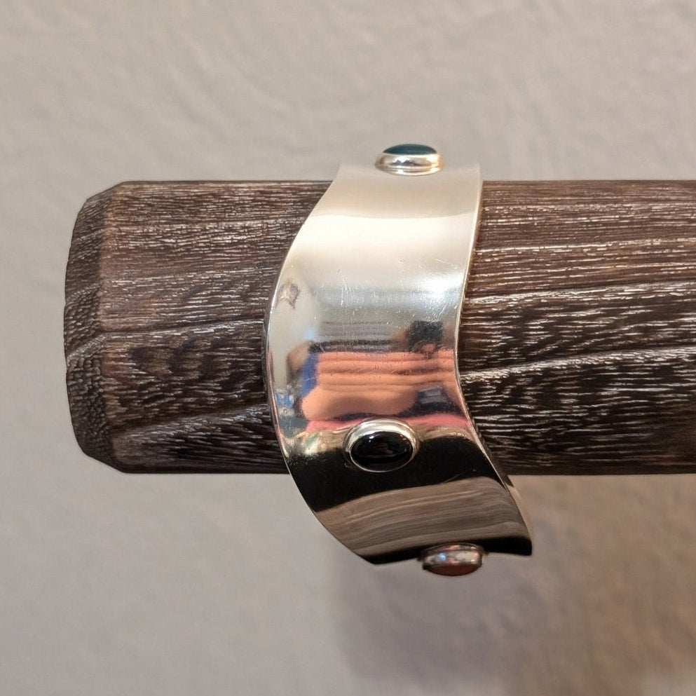 Multi-Stone Cabochon Curved Cuff Modernist Sterling Silver Mexico Bracelet