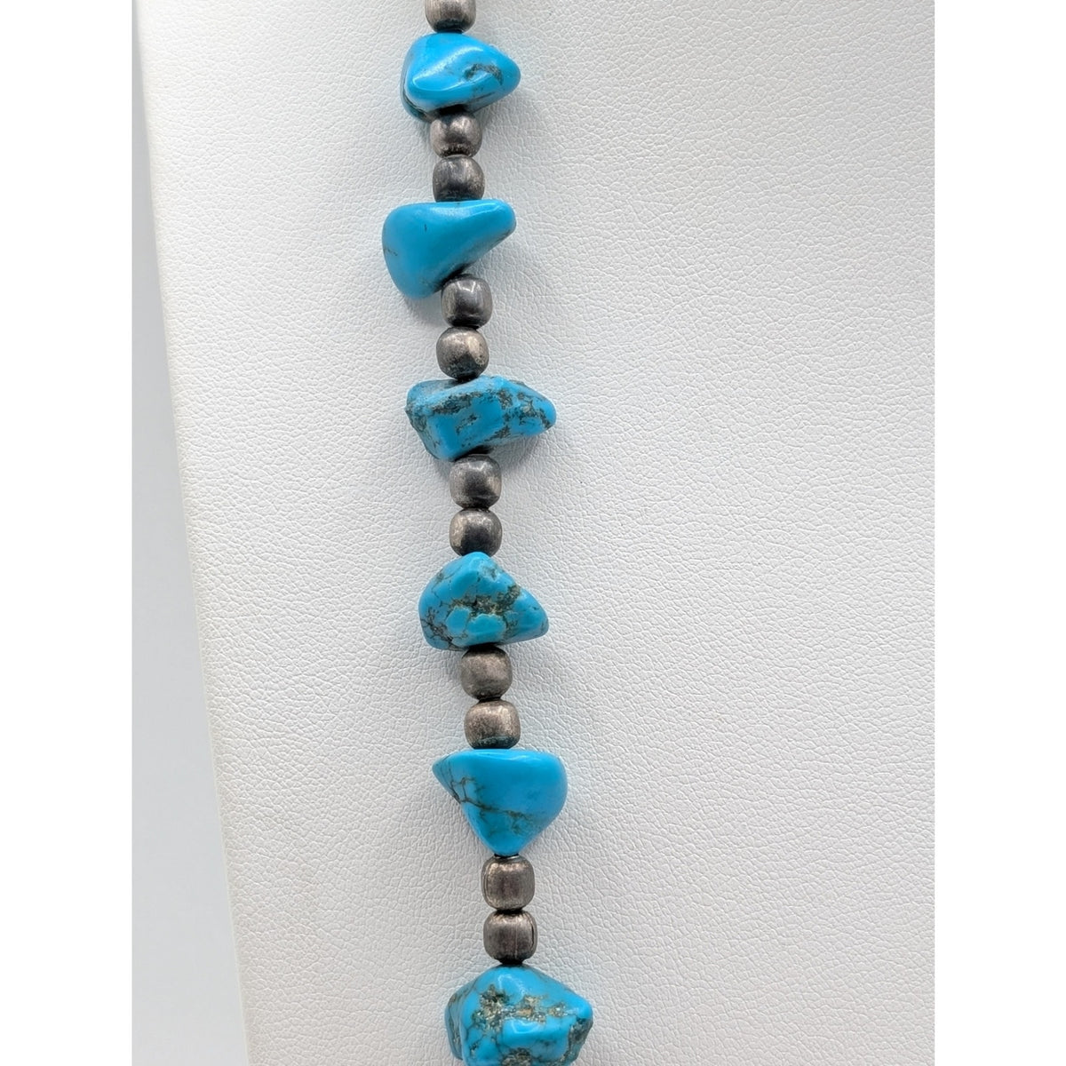 Vintage 1960s Turquoise Nugget Silver Beaded Hook Clasp 28" Necklace