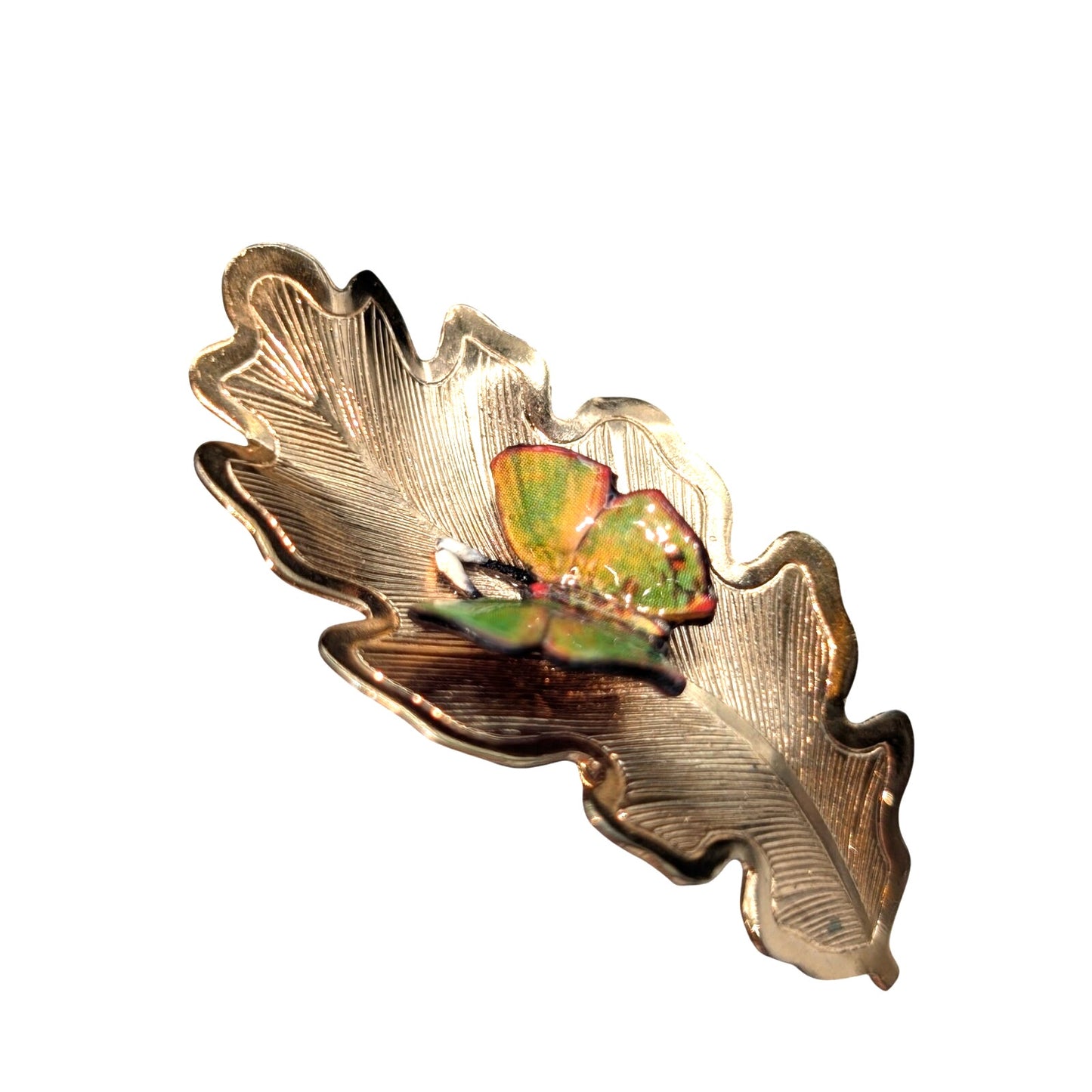 Vintage Gold Tone Green Butterfly On Leaf Brooch