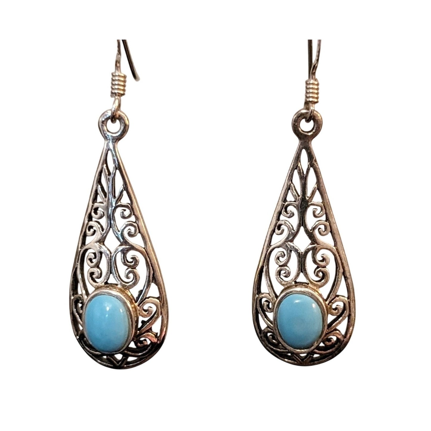 925 Sterling Silver Turquoise Filigree Teardrop Dangle Earrings