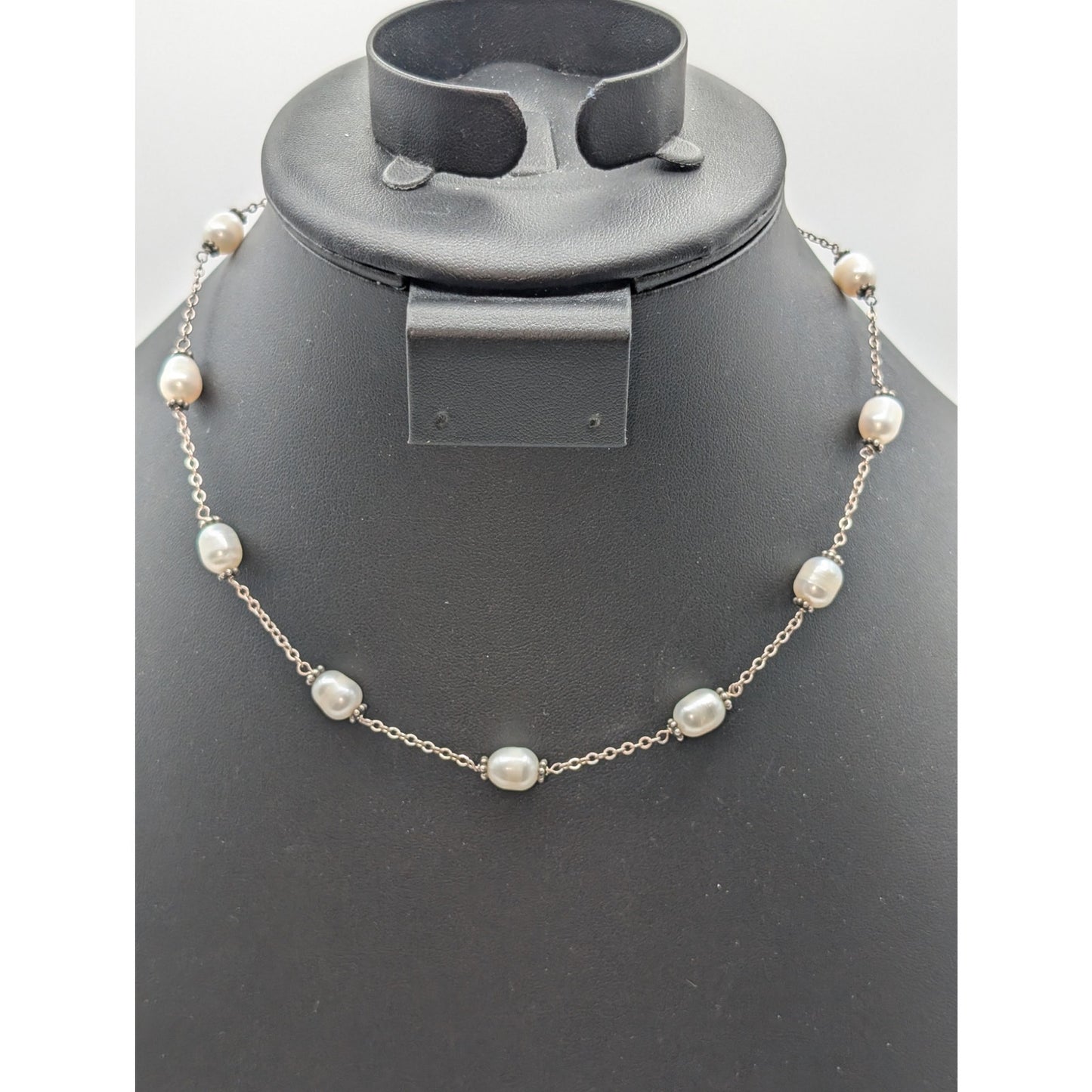 Vintage Genuine Freshwater Pearl Sterling Silver Chain Station 16" Necklace