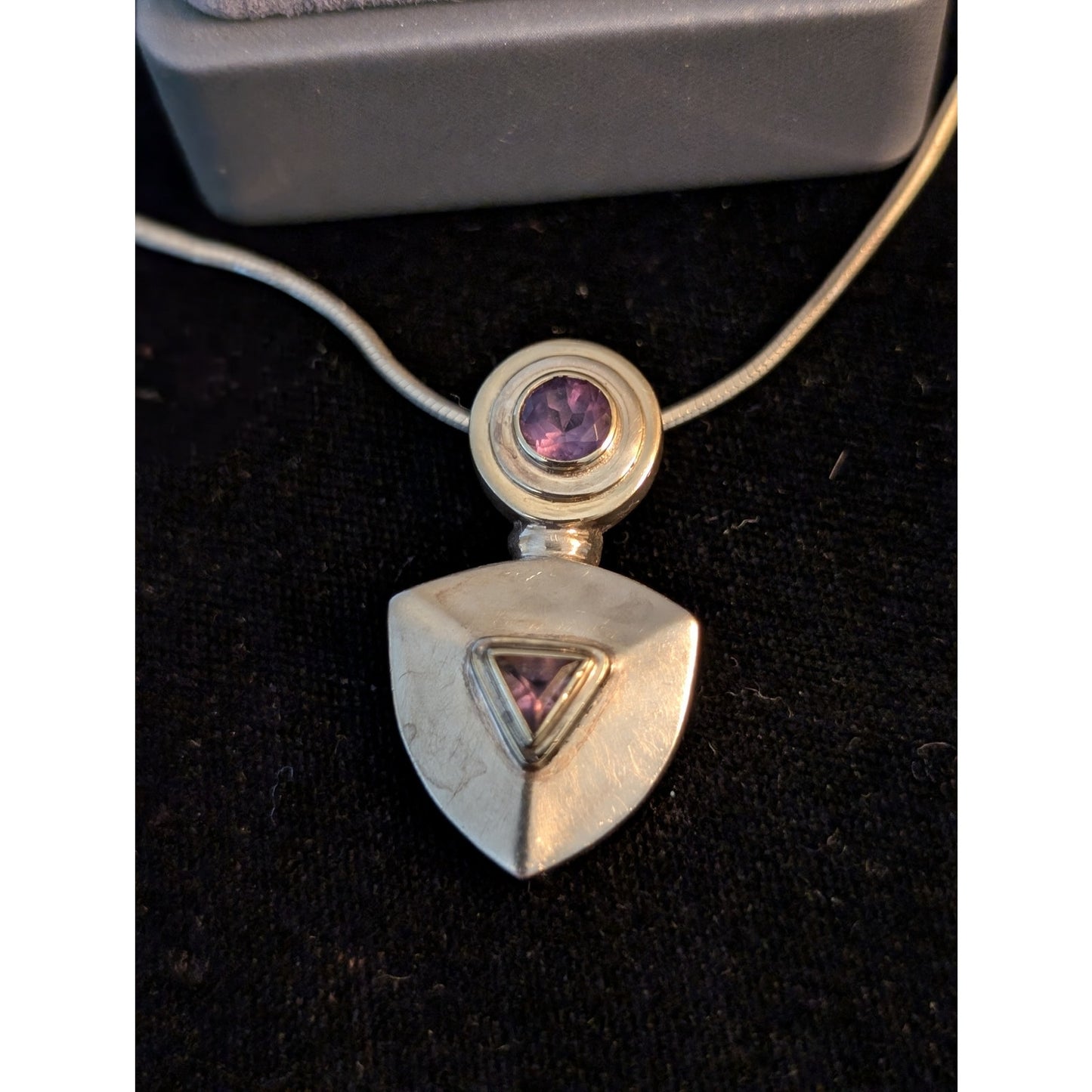 Vintage Chunky 925 Sterling Silver Amethyst Stud Earrings & Pendant Necklace Set