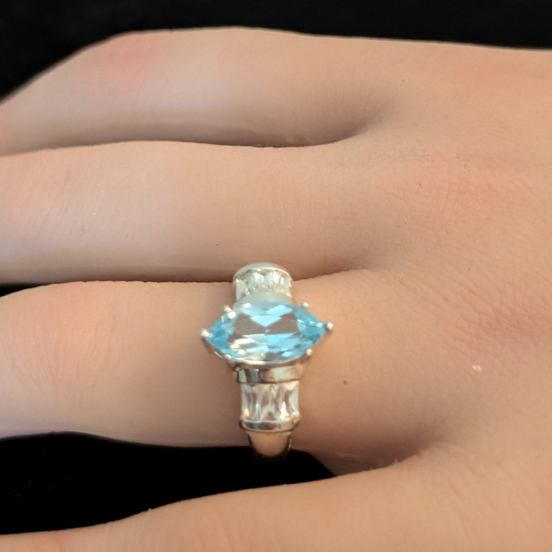 925 Sterling Silver Marquis Blue Topaz & Baguette CZs Ring Sz 6.75