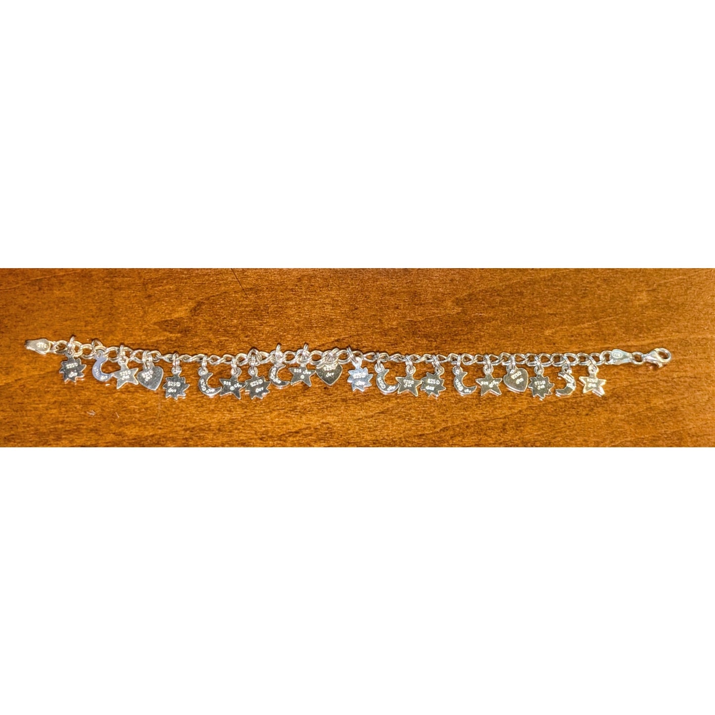 Vintage 925 Italy Sterling Silver Star Crescent Moon Flower Heart Charm Bracelet