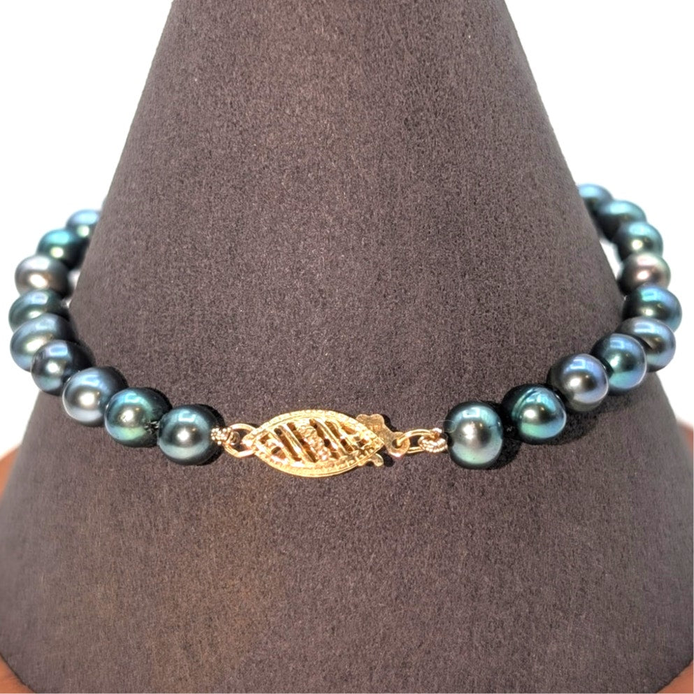 5mm Blue Green Hand Knotted Pearl Bracelet 14K Gold Filigree Slide In Hook Clasp