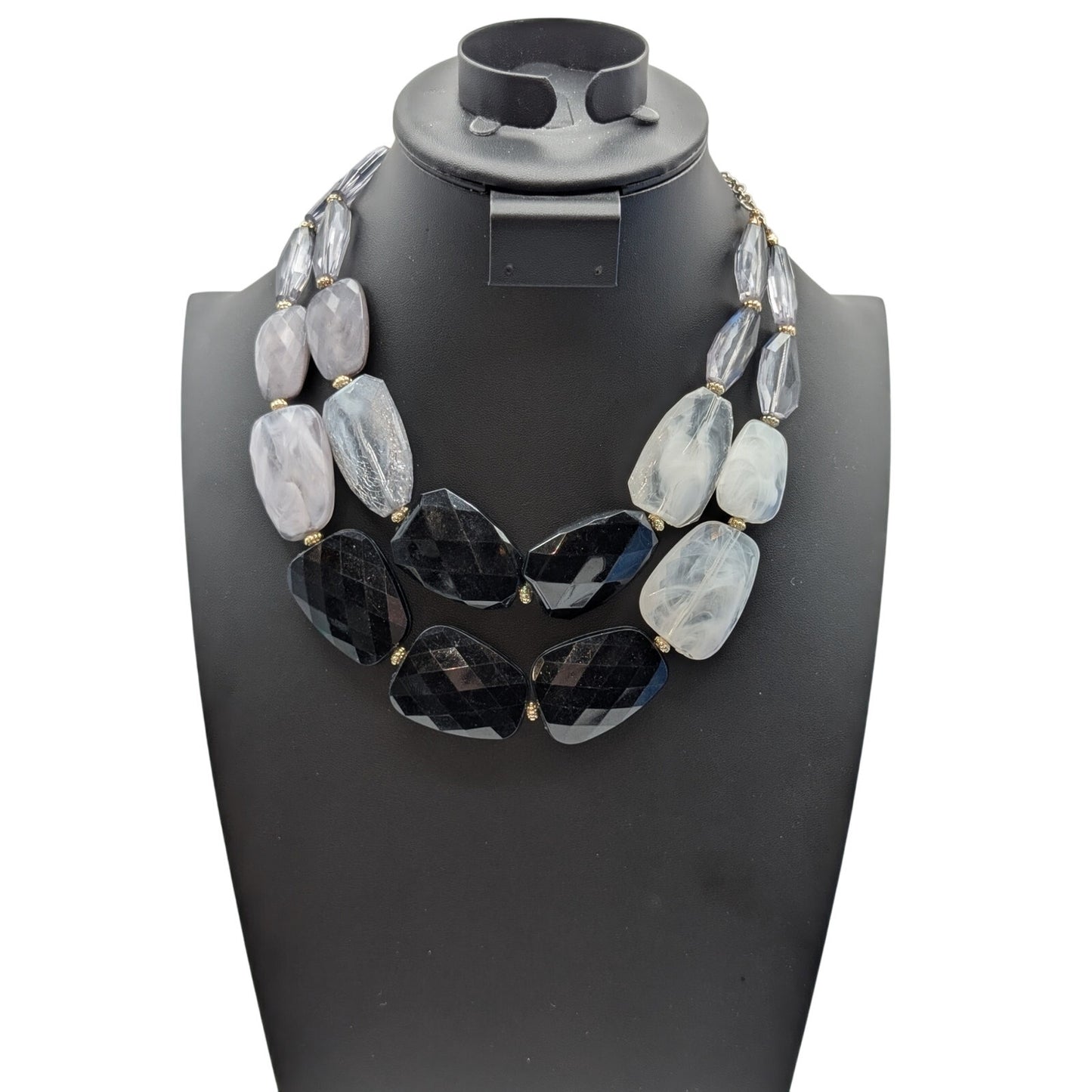 Double Strand Chunky Lg Faceted Black Gray White Acrylic Bead 16"-19" Necklace