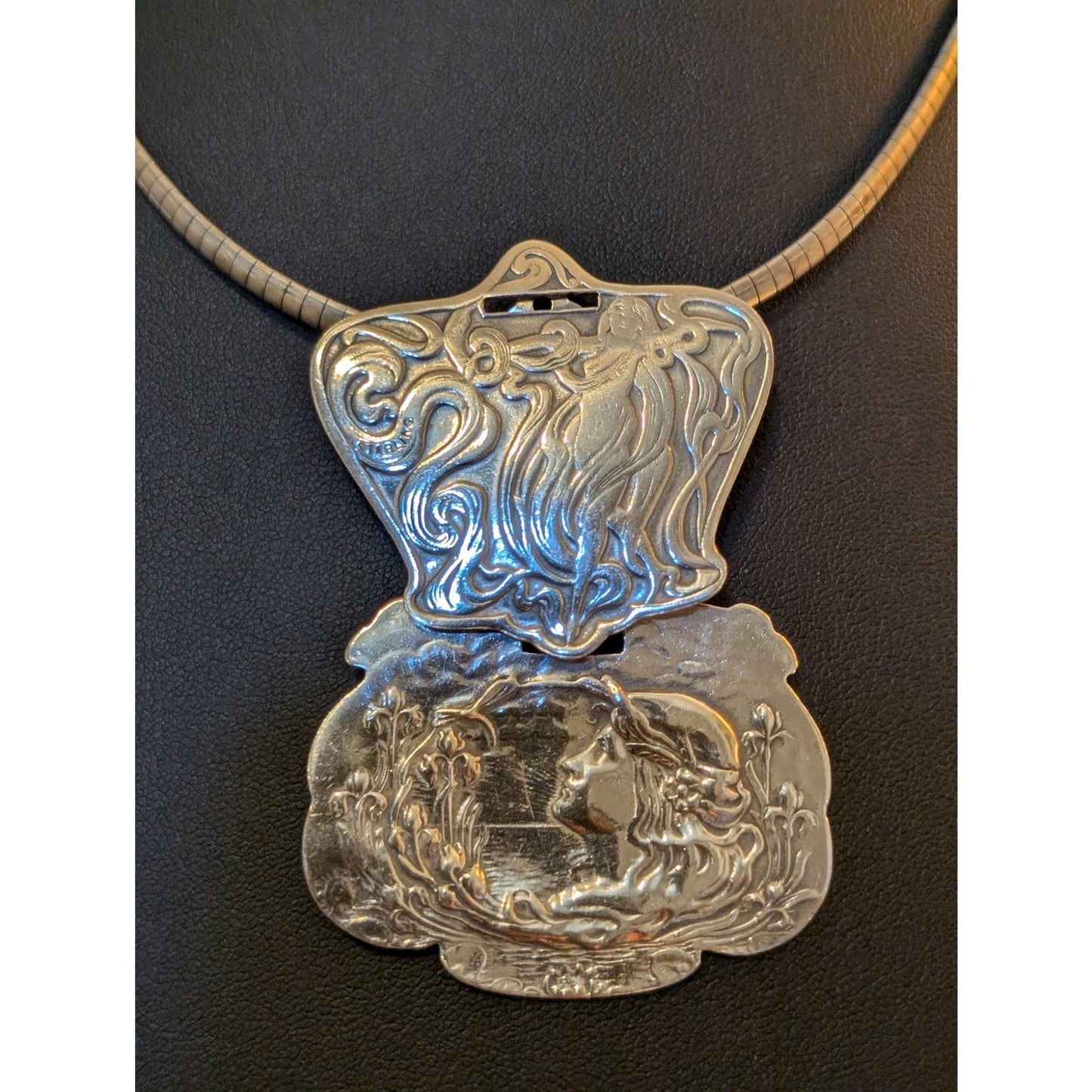 Unique Sterling Silver Art Nouveau Luggage Tag Earring & Sterling Omega Necklace