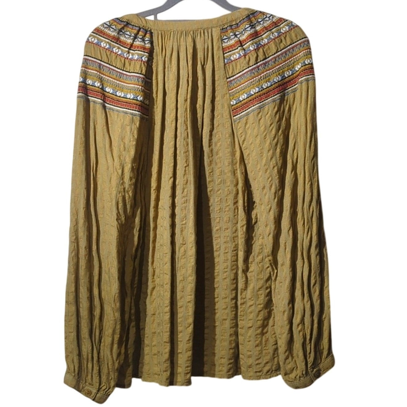 Rachel Zoe Gold Ruched Aztec Design Embroidered V Neck Top Women's Size L