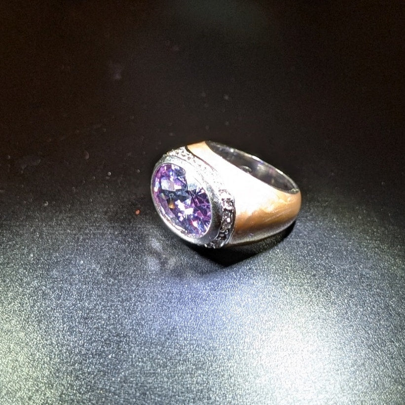 Signed LGA 925 Enamel Faceted Purple Crystal Center Stone Cocktail Ring Sz. 6