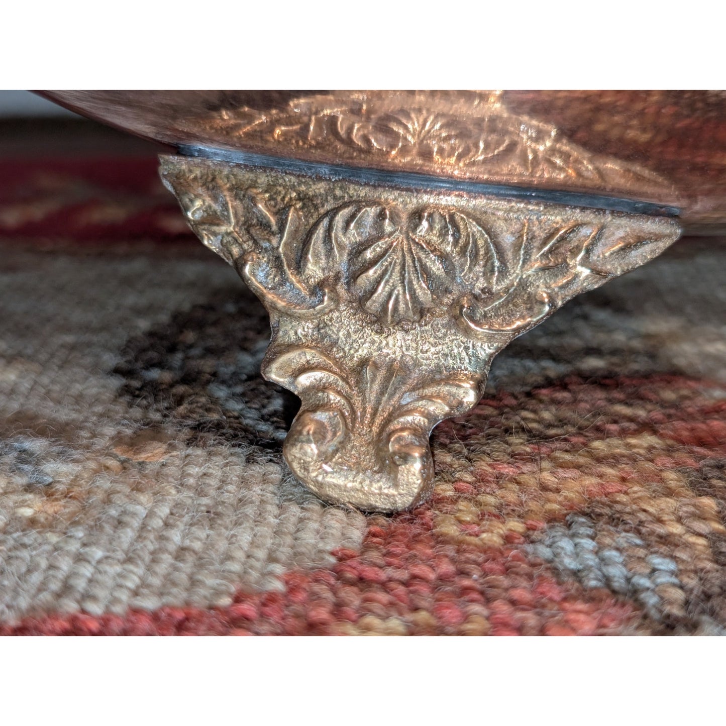 Vintage Elongated Copper Bowl W/ Ornate Brass Feet & Roped Edge