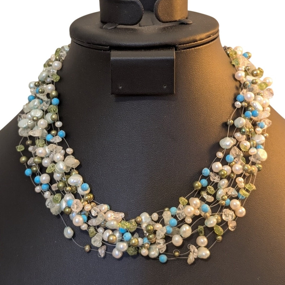 Multi-Strand Pearl Peridot Quartz Turquoise Bead 17"-19" 925 Sterling Necklace