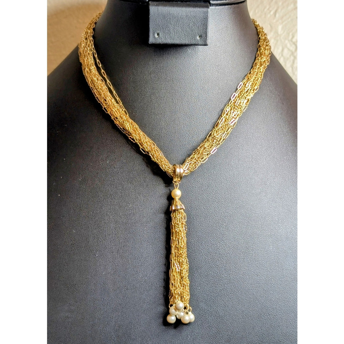 VTG Multi Gold Tone Chain Faux Pearl Dangle Tassel Barrel Clasp 16.5" Necklace
