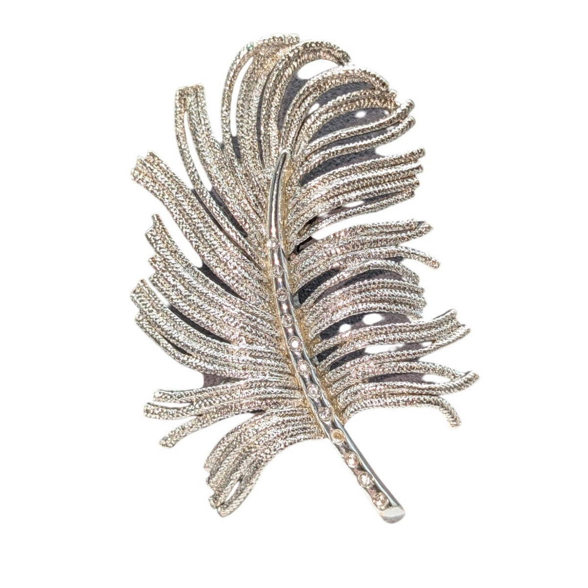 Vintage Monet Silver Tone Textured Rhinestone Feather Brooch Pin