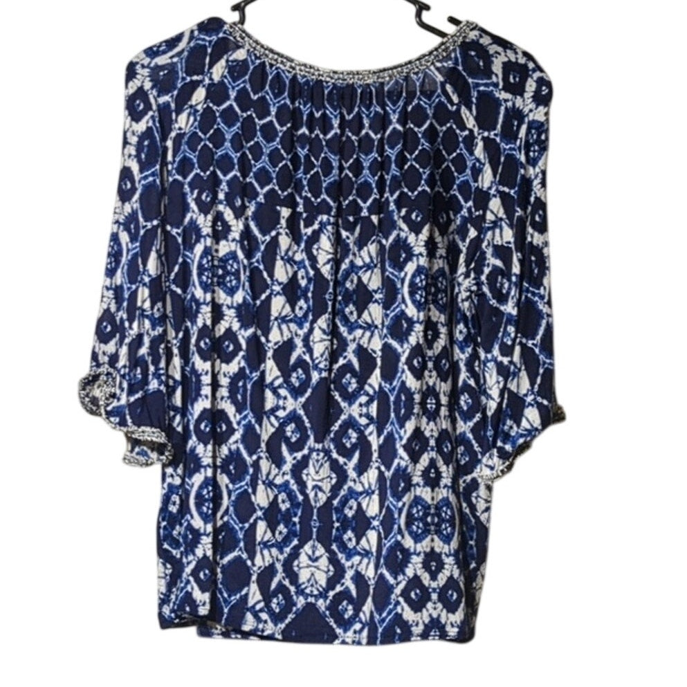 BB Dakota Blue Tie Dye Look Boho Top W/ Fringe Detailing and Tassel Ties Sz M