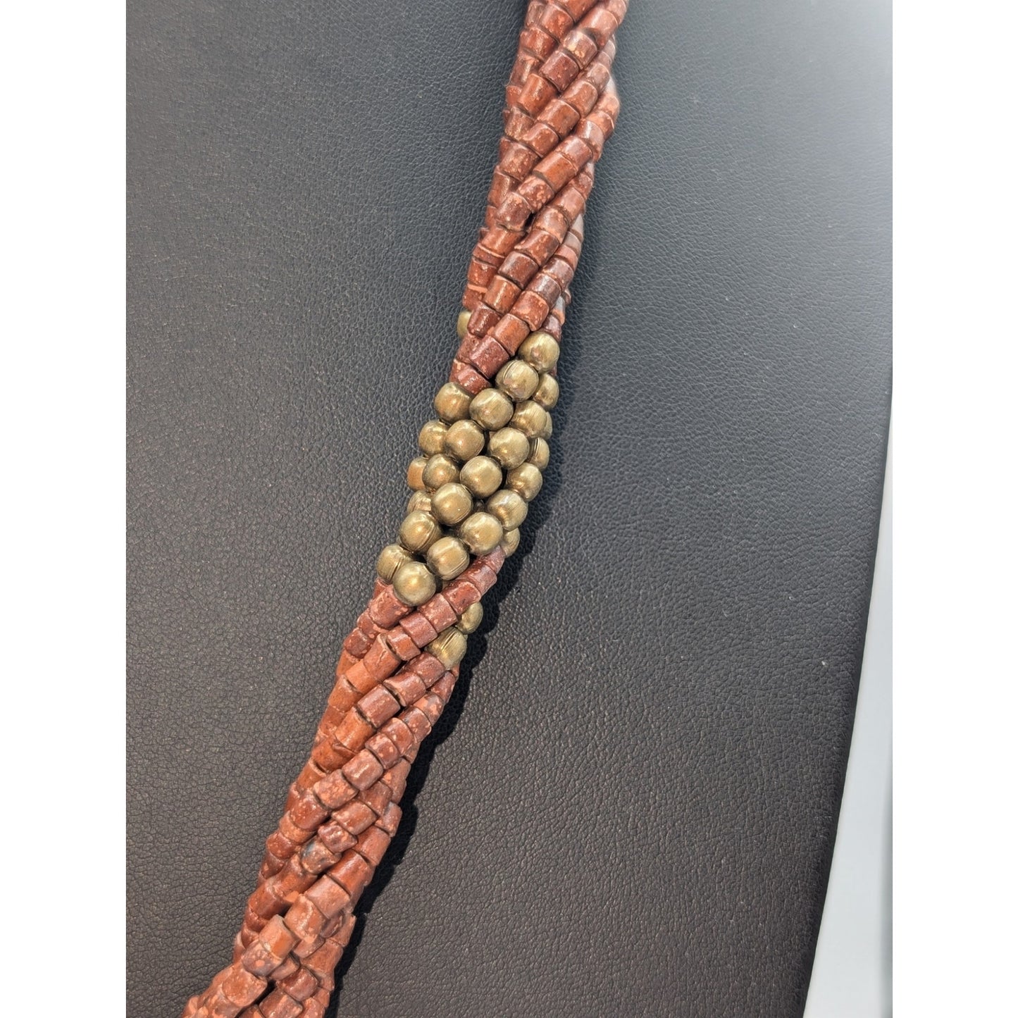 Vtg Twisted Multi-Strand Coconut Shell Brass Bead Embossed Brass Heart Necklace