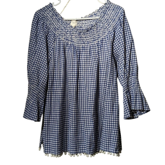 Rafaella Blue Gingham Gauzy Smock Neck 3/4 Smock Bell Sleeve Top Womens Sz 2X