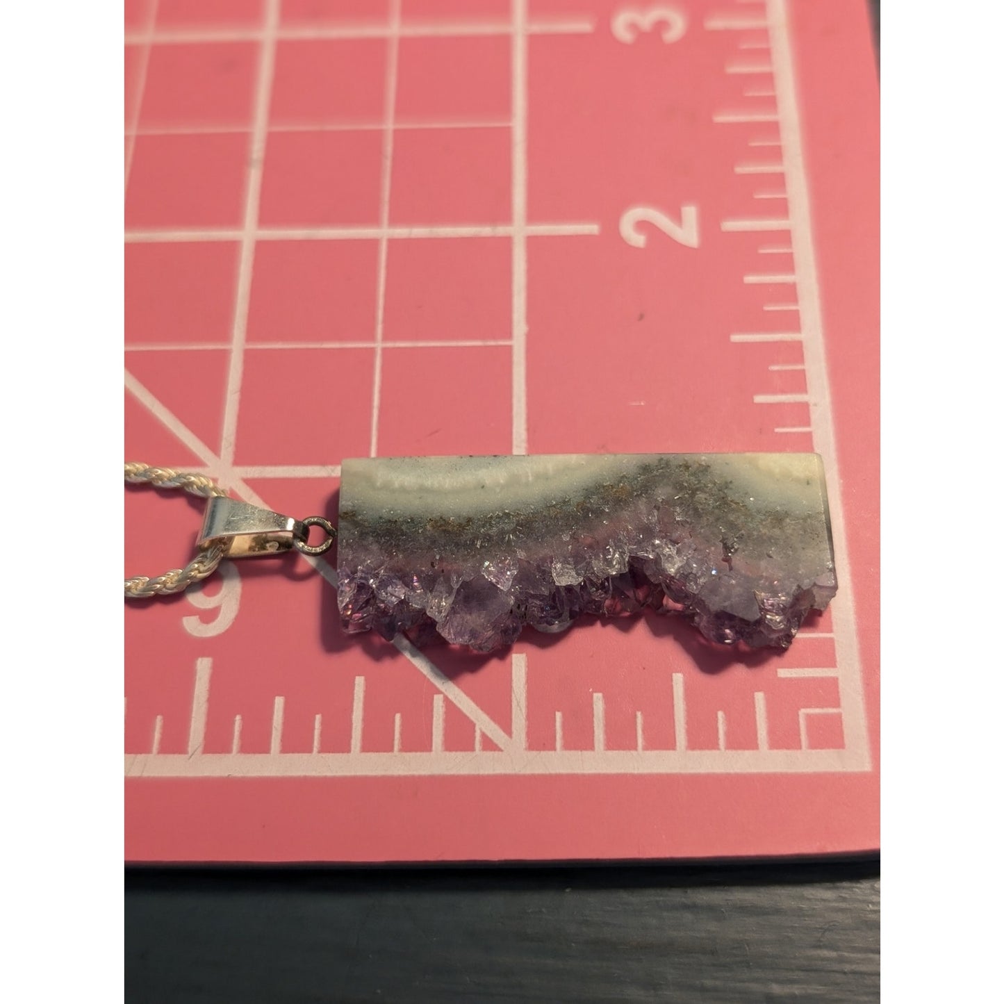925 Sterling Amethyst Slice Crystal Pendant on Sterling Silver Rope Chain