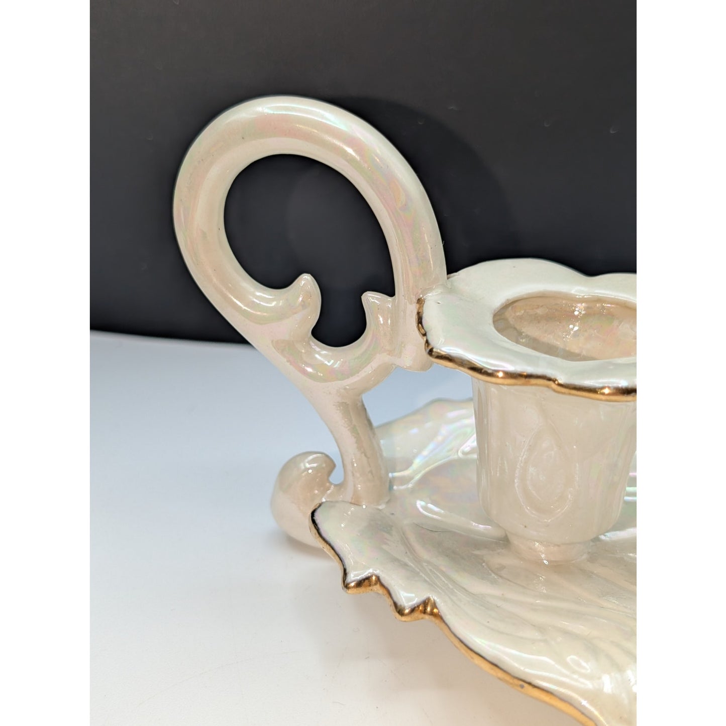 Vintage Signed 1953 Iridescent Cream Gold Trimmed Leaf Candle Holder