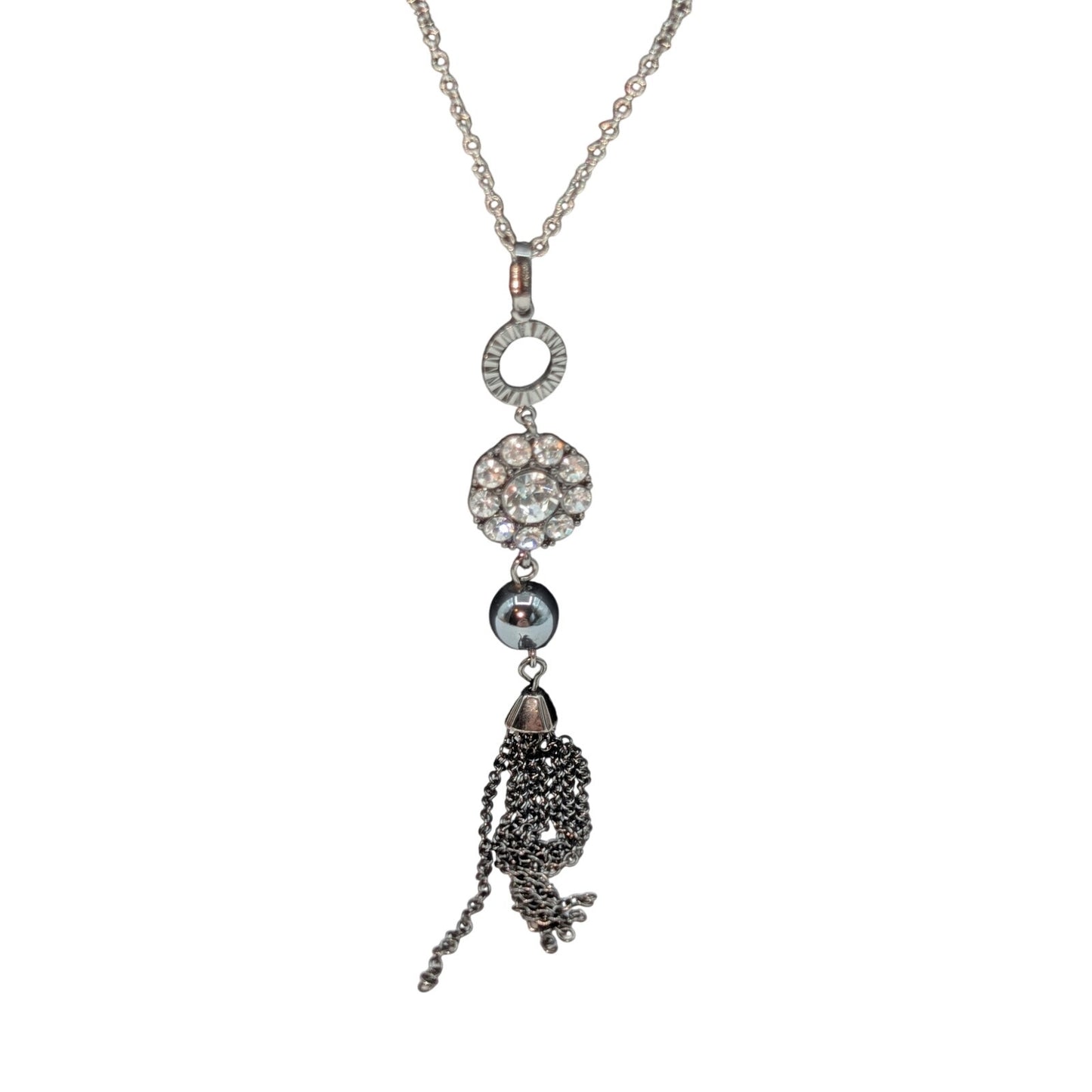 Lia Sophia Gun Metal Metallic Bead Rhinestone Tassel 27"-30" Chain Necklace
