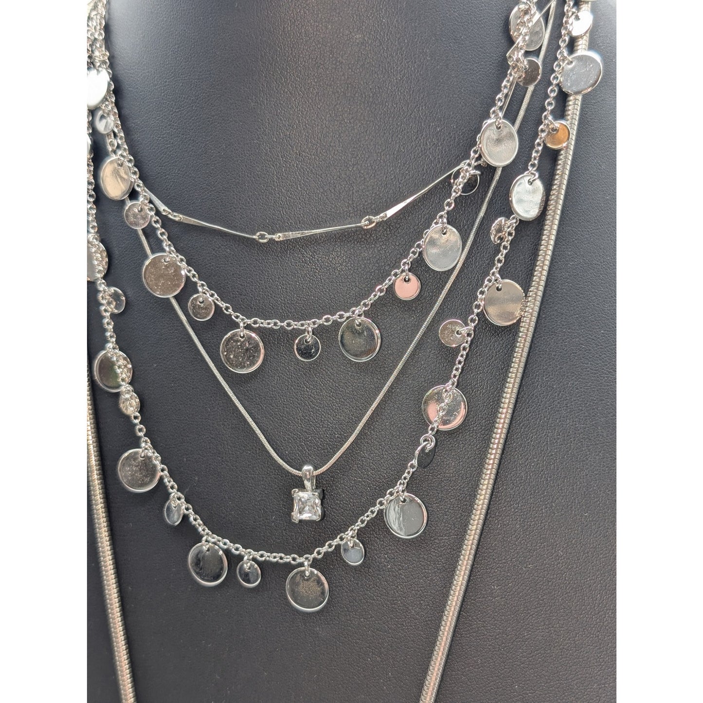 Lot of 4 Silver Tone Necklaces-Heart Pendant Disk Dangles Solitaire & Bar Chain