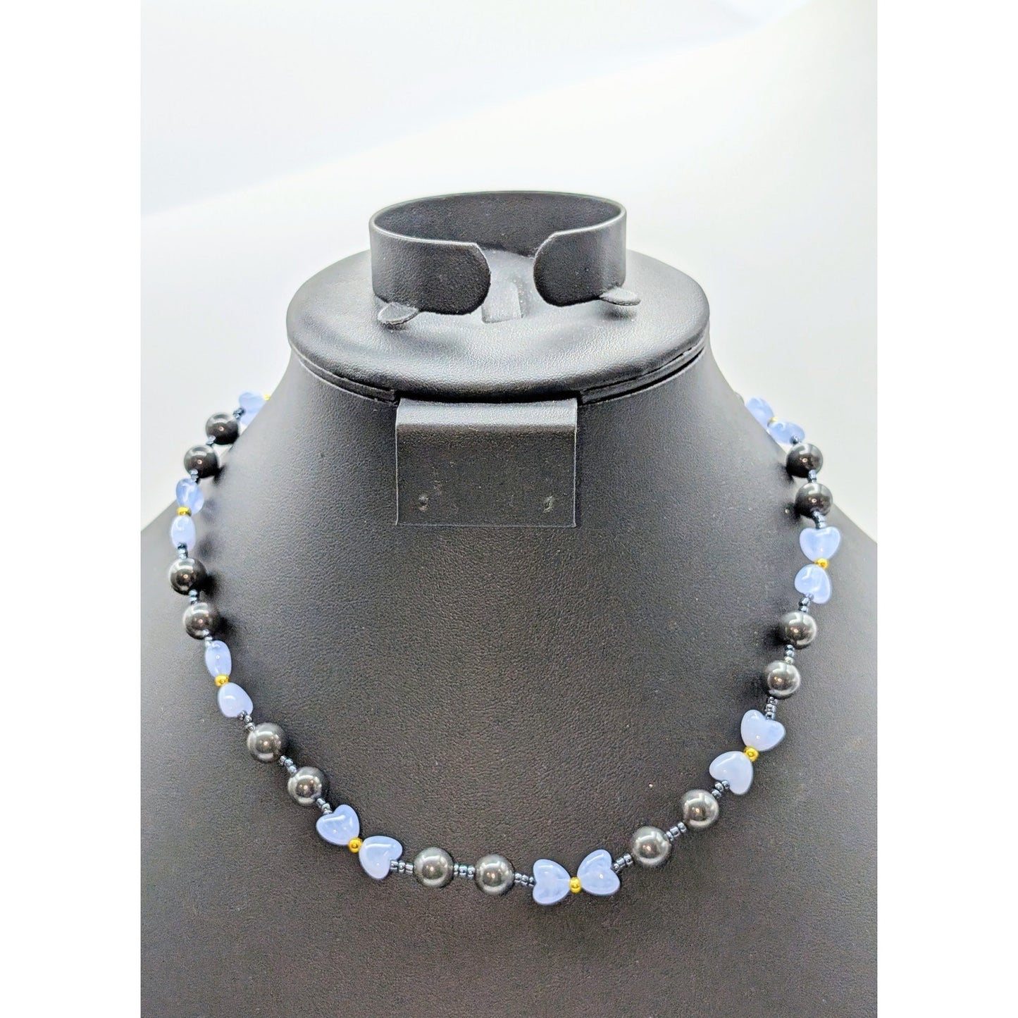 Vintage Gray Glass & Light Blue Heart Bead 18" Barrel Clasp Necklace