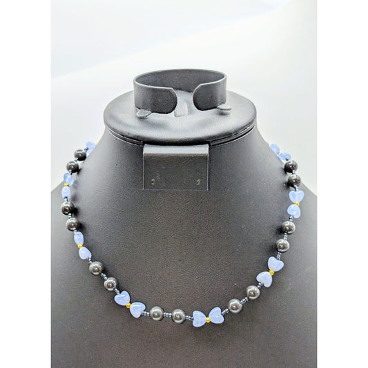 Vintage Gray Glass & Light Blue Heart Bead 18" Barrel Clasp Necklace