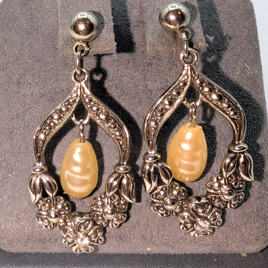 VTG Signed Avon 'Romantic Renaissance' Faux Pearl & Marcasite Floral Earrings