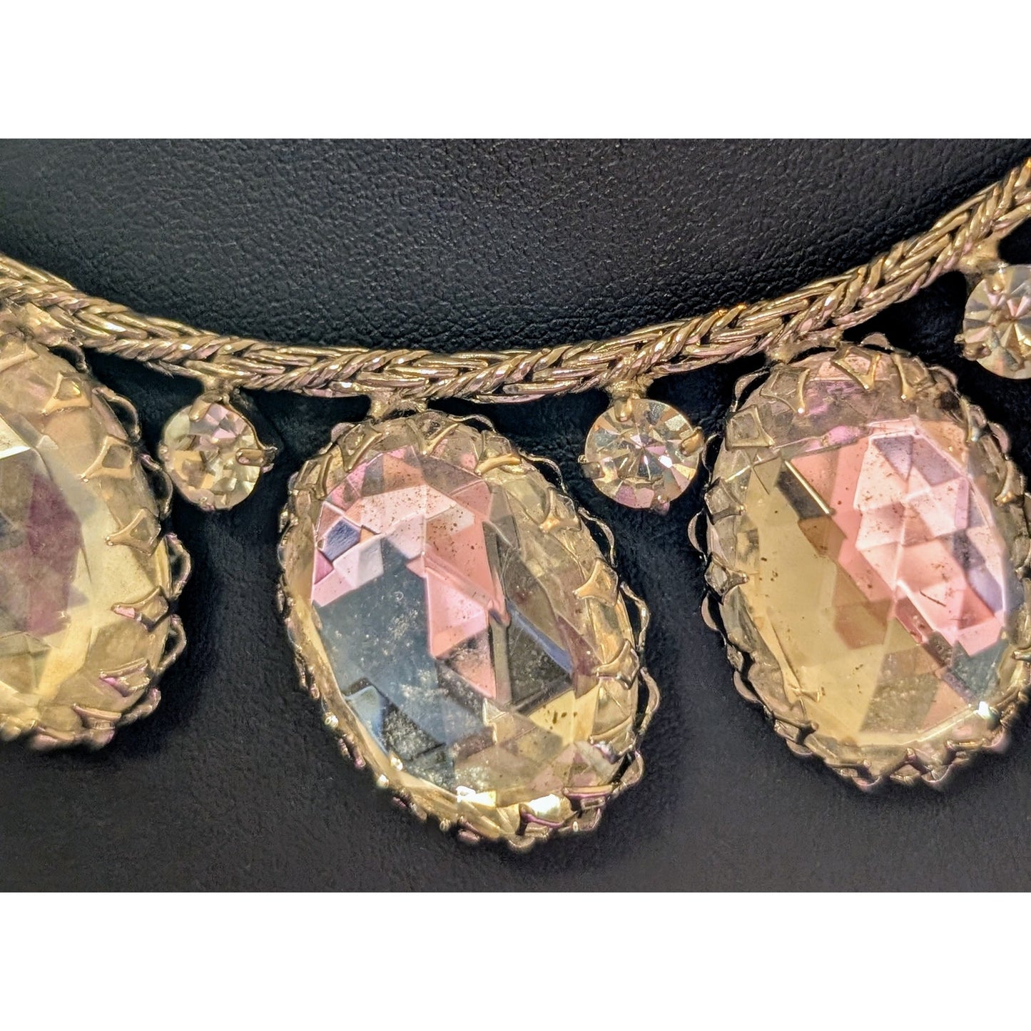 SCHREINER Rare New York Glass Cabochon & Silver Braided Chain Vintage Necklace