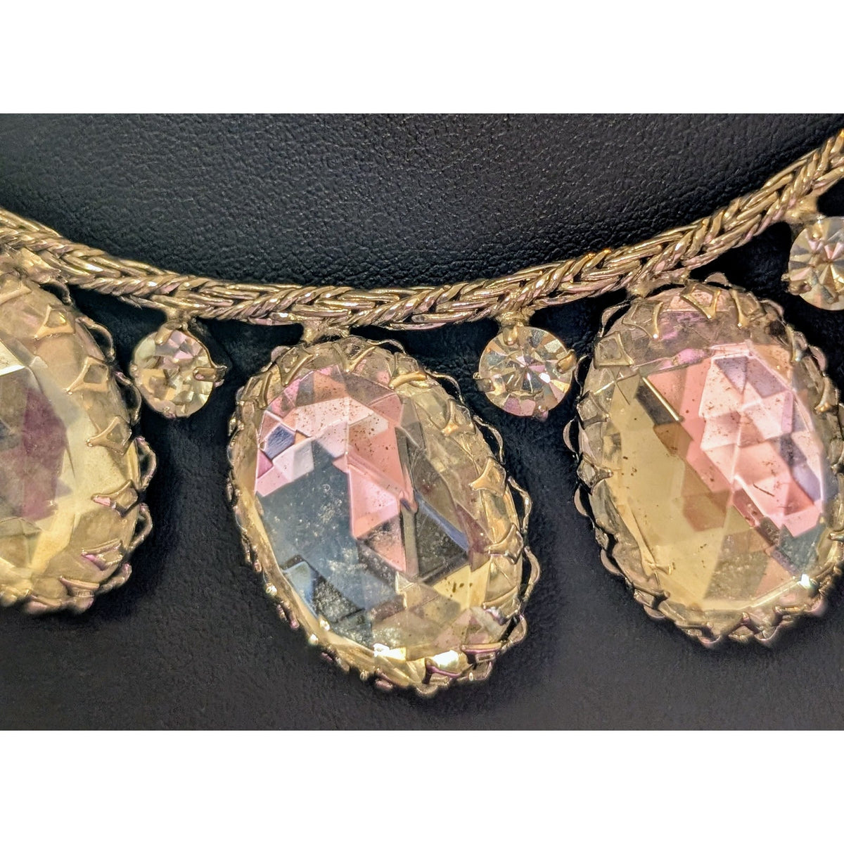 SCHREINER Rare New York Glass Cabochon & Silver Braided Chain Vintage Necklace