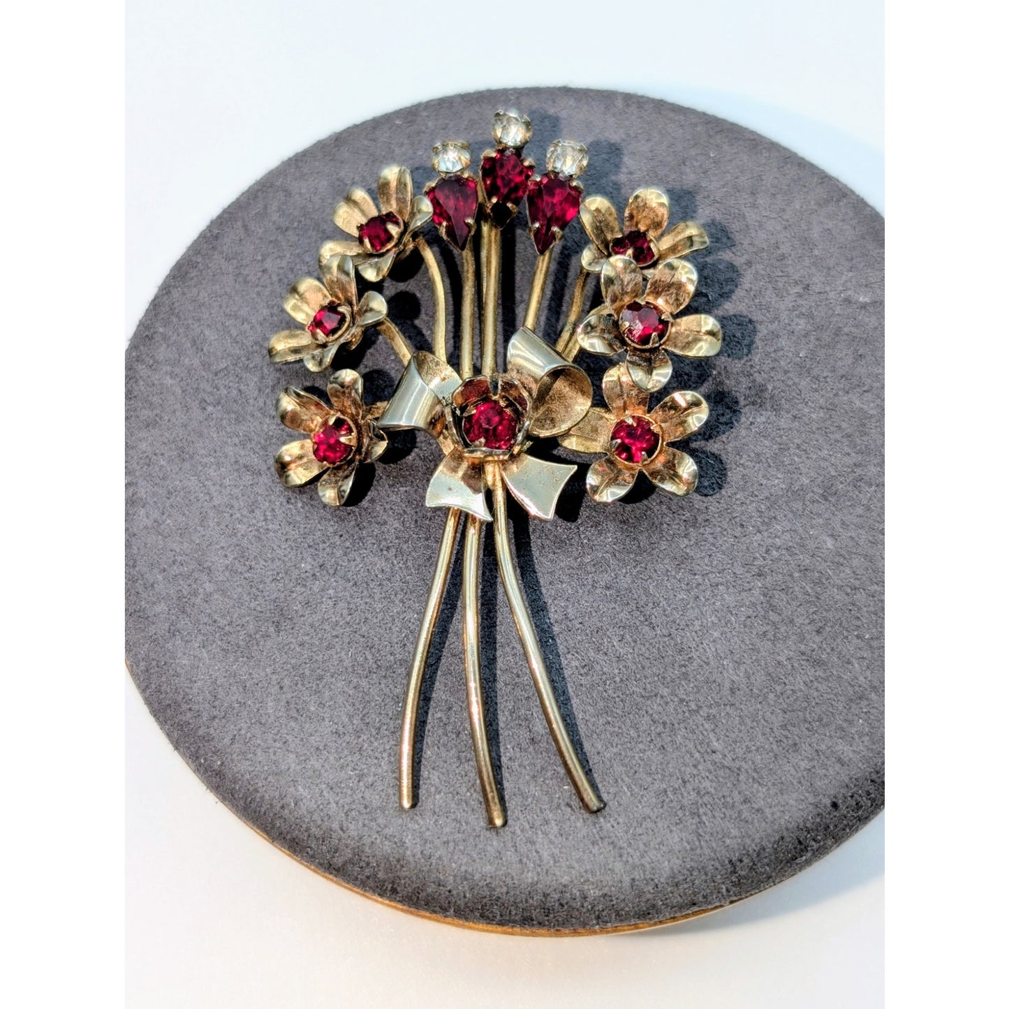 Vintage Gold Tone Red & Clear Rhinestone Floral Bouquet Brooch