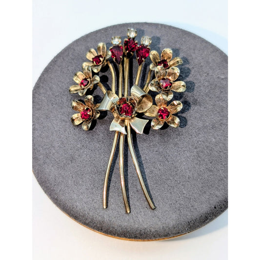 Vintage Gold Tone Red & Clear Rhinestone Floral Bouquet Brooch