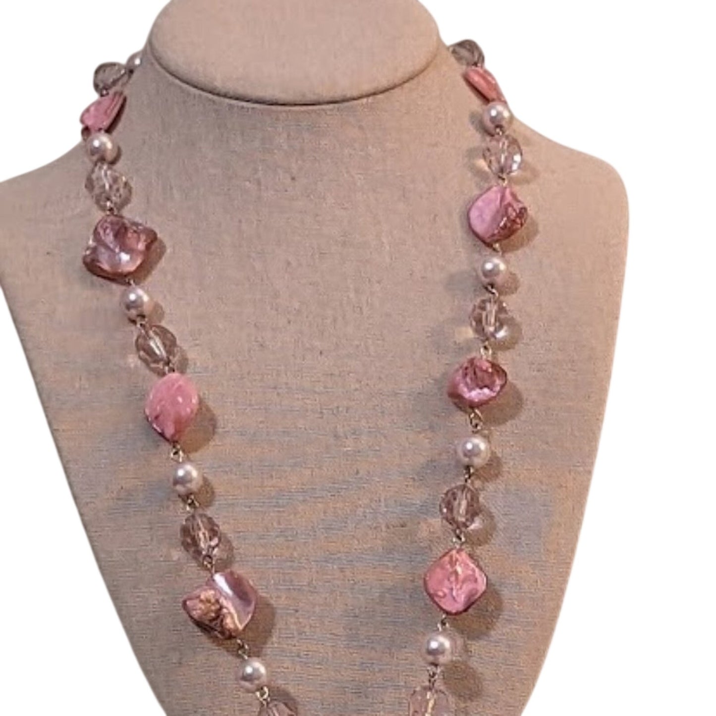 Pink Shell Faux Pearl Pink & Clear Faceted Beaded Cluster Pendant Chain Necklace