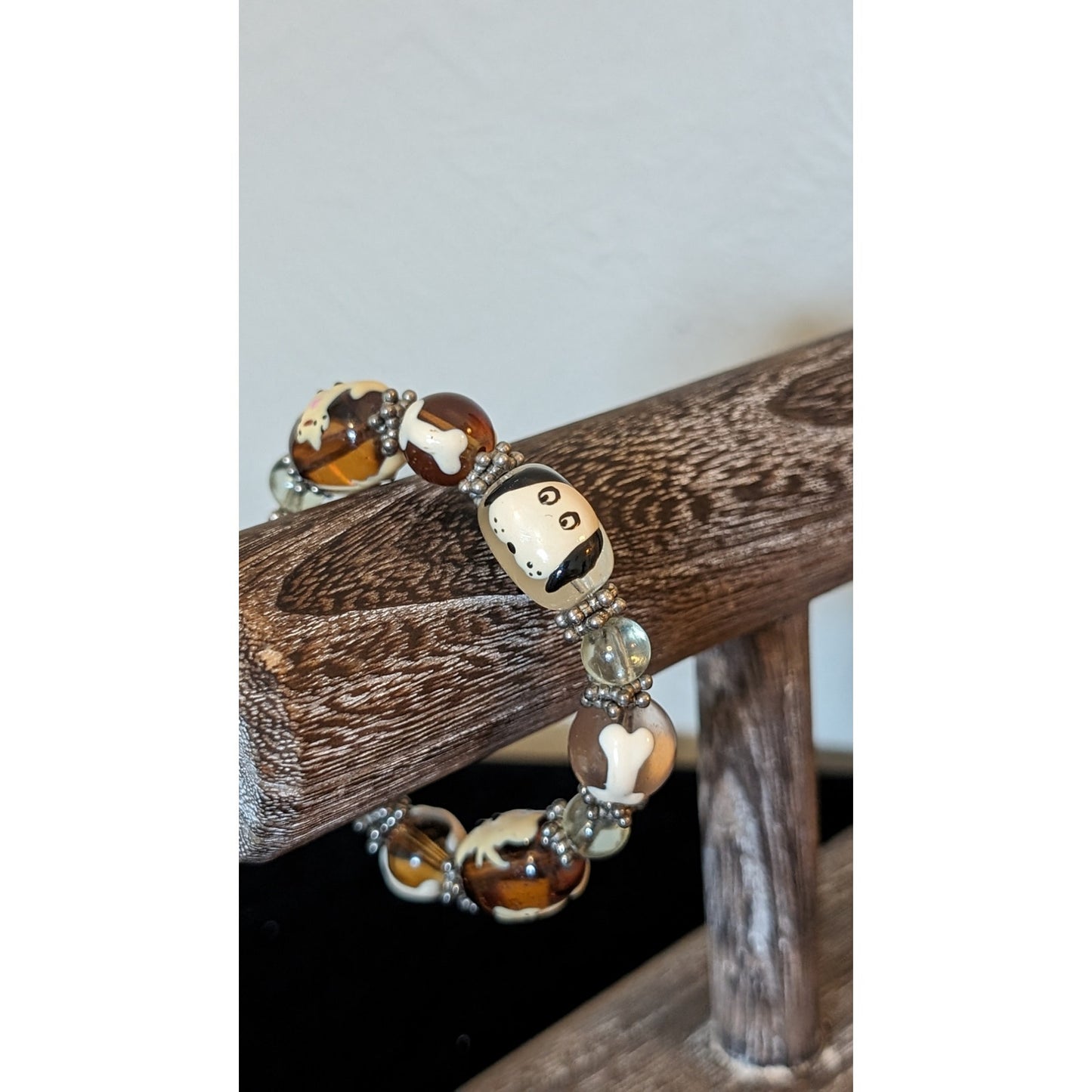 Dog Paw Bone Bead Stretch Bracelet W/ Silver Tone Beads